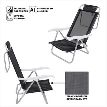 Imagem de Cadeira Reclinável Sunny 6 Posições Em Alumíno Para Praia Piscina Camping Preta - 063007 Belfix
