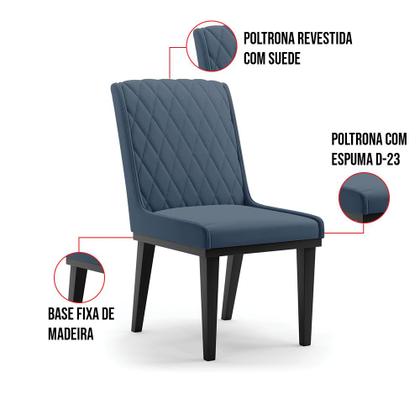 Imagem de Cadeira Sala de Jantar Base Madeira Preto Kit 2 Sofia Suede Azul Marinho D03 - D'Rossi
