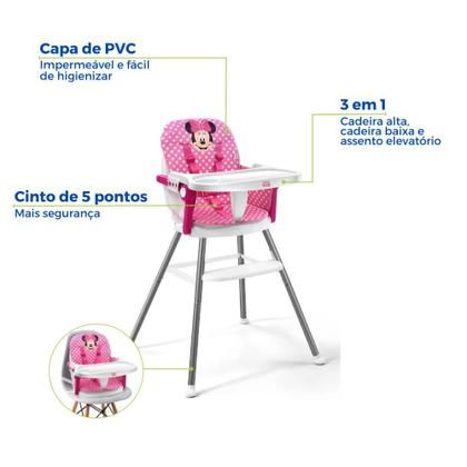Imagem de Cadeirão Cadeira Cadeirinha Alimentação Papinha Bebê Alta Mesa Refeição Menina Minnie Disney