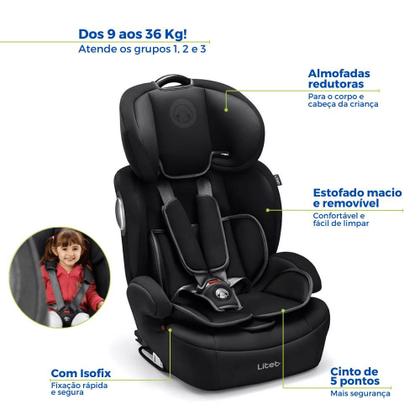Imagem de Cadeirinha Cadeira Assento 2 em 1 De Bebê Para Carro Infantil 9 a 36 Kg G1/G2/G3 Isofix Preta Litet