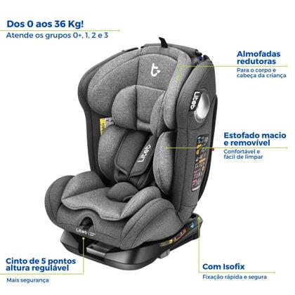 Imagem de Cadeirinha Cadeira De Bebê Para Auto Carro 0 a 36kg Isofix 360 g0/g1/g2/g3 Infantil Cinza Cinto Regulável Litet