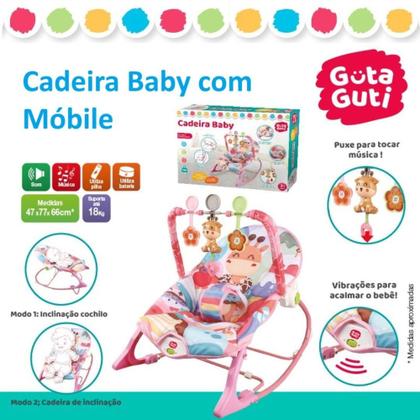 Imagem de Cadeirinha de Descanso Cadeira Balanço Vibratória Musical para Bebê Guta Guti DMB6836 Rosa