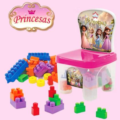 Imagem de Cadeirinha Princesas 28 Peças Com Blocos De Montar Infantil Educativo Brinquedos De Encaixar Big Star