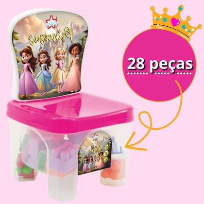 Imagem de Cadeirinha Princesas 28 Peças Com Blocos De Montar Infantil Educativo Brinquedos De Encaixar Big Star