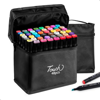 Imagem de Caderno Desenhos Pintura + Kit 48 Canetinhas Ponta Dupla