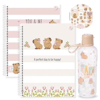 Imagem de Caderno Grande Capivara 1 Matéria Capa Dura Universitário Kit 2un + Garrafa Capivara Plasutil 970ml