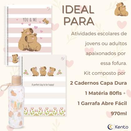 Imagem de Caderno Grande Capivara 1 Matéria Capa Dura Universitário Kit 2un + Garrafa Capivara Plasutil 970ml