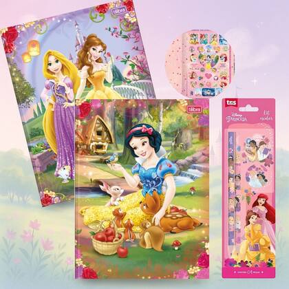Imagem de Caderno Grande Princesas Disney Brochura Capa Dura Kit 2un com Pauta + Kit Escolar 4pcs Ensino Fundamental