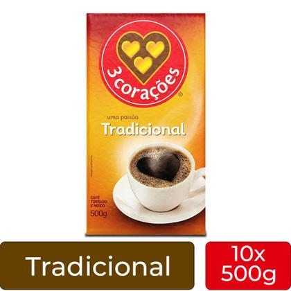 Imagem de Café 3 Corações Tradicional a Vácuo Kit 10 Pacotes de 500g