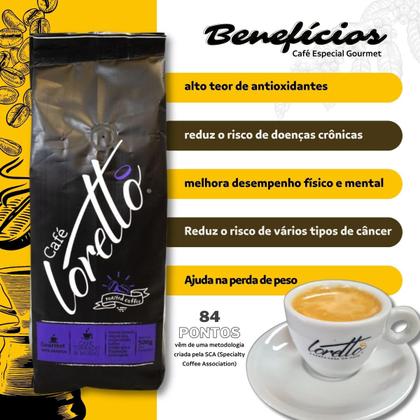 Café Torrado e Moído Arábica Gourmet Loretto 500g - Loretto Cafés Especiais Imagem de Café Torrado e Moído Arábica Gourmet Loretto 500g