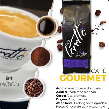 Café Torrado e Moído Arábica Gourmet Loretto 500g - Loretto Cafés Especiais Imagem de Café Torrado e Moído Arábica Gourmet Loretto 500g