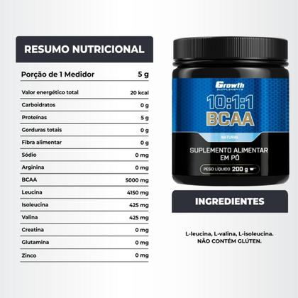 Imagem de Cafeína Pura 200mg 60 Caps + Bcaa em Pó 10:1:1 200g Growth