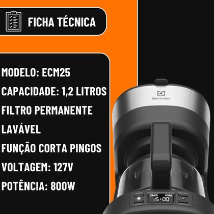 Imagem de Cafeteira Elétrica Electrolux Experience Programável com Timer Cor Inox Preta com Capacidade de 1,2 Litros e 800w de Potência ECM25 127V