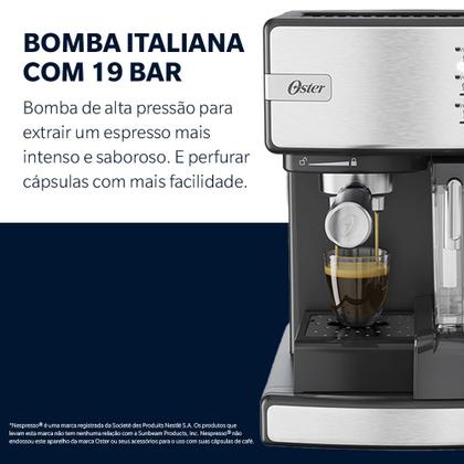 Imagem de Cafeteira Espresso Oster Nova PrimaLatte Inox para Cápsula, Pó e Sachê