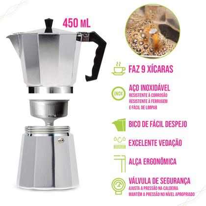 Imagem de Cafeteira Italiana Moka de Fogão Café Expresso Inox 9 Xícaras 450ml
