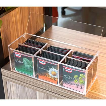Imagem de Caixa Acrílico 5mm Porta Saches Chá Com 6 Divisórias E Tampa