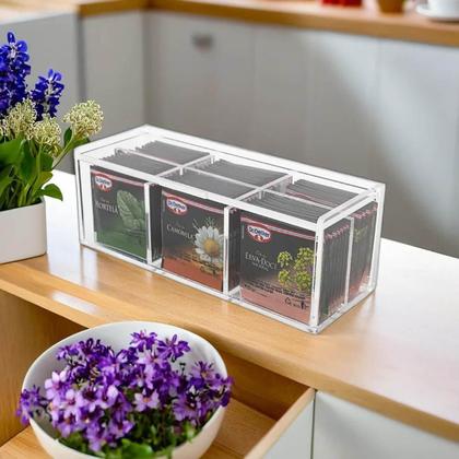 Imagem de Caixa Acrílico 5mm Porta Saches Chá Com 6 Divisórias E Tampa