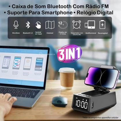 Imagem de Caixa Bluetooth com Rádio FM, Relógio Digital e Suporte para Celular DG207