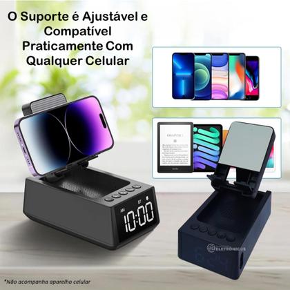 Imagem de Caixa Bluetooth com Rádio FM, Relógio Digital e Suporte para Celular DG207