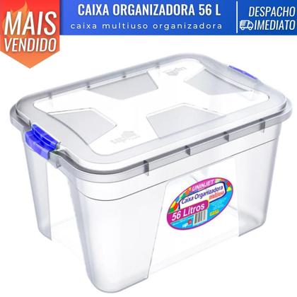 Imagem de Caixa Cesto Organizadora Transparente C/ Tampa e Trava Proteção 56 L