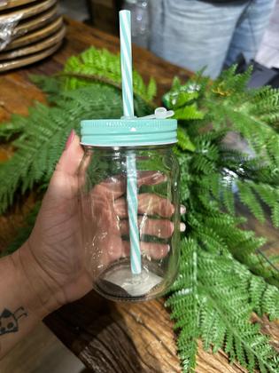 Imagem de Caixa com 12 copos Retrô vidro com canudo verde água