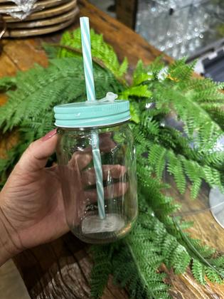 Imagem de Caixa com 12 copos Retrô vidro com canudo verde água