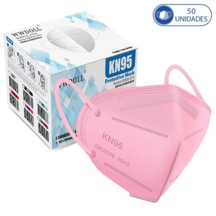 Imagem de Caixa com 50 Unidades de Máscaras Kn95 Rosa WWDoll para Proteção com Clipe de Nariz