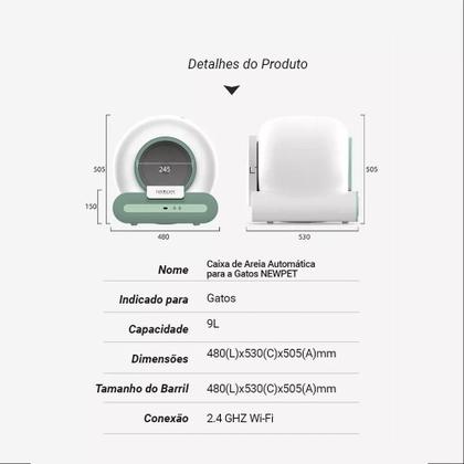 Caixa De Areia Automática 65L+9L Para Gatos Com Auto-limpeza e Controle via APP - NewPet Imagem de Caixa De Areia Automática 65L+9L Para Gatos Com Auto-limpeza e Controle via APP
