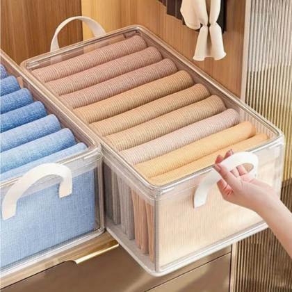 Imagem de Caixa de Armazenamento Cesto de Plástico Transparente Durável Estrutura de Aço e Alças Reforçadas Empilhável p/Roupas,