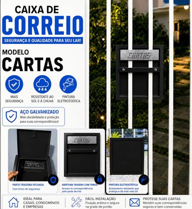 Imagem de Caixa de correio cartas correspondência portão grade ou embutir parede ou muro chapa de aço preta