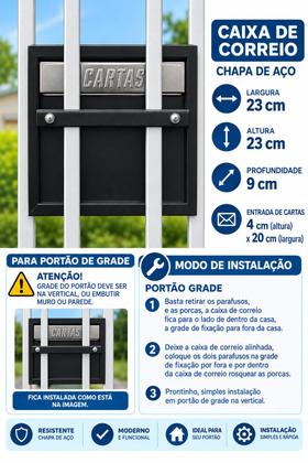 Imagem de Caixa de correio cartas correspondência portão grade ou embutir parede ou muro chapa de aço preta
