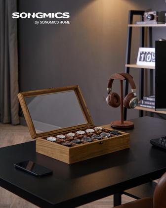 Imagem de Caixa de Relógio SONGMICS - Organizador de Madeira com 12 Slots em Nogueira Rústica