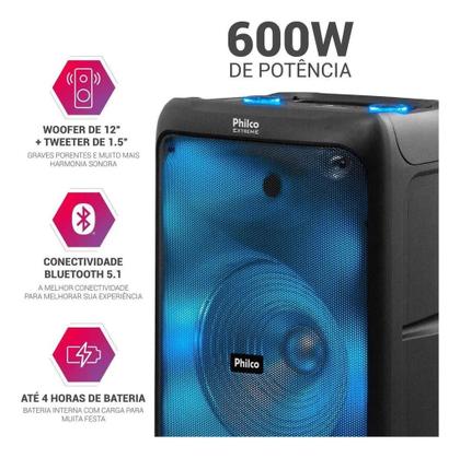 Imagem de Caixa De Som Amplificada Philco Pcx5200 600w Bluetooth Flash Led Com Alça Entrada Aux Usb Microfone Cartão Micro Sd BivoltPret