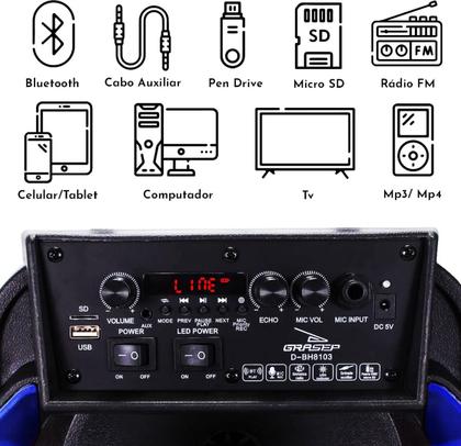 Imagem de Caixa De Som Bluetooth Grasep DBH8115 40W Portátil Com Microfone, Rodinhas, Alça Retrátil E Controle Remoto