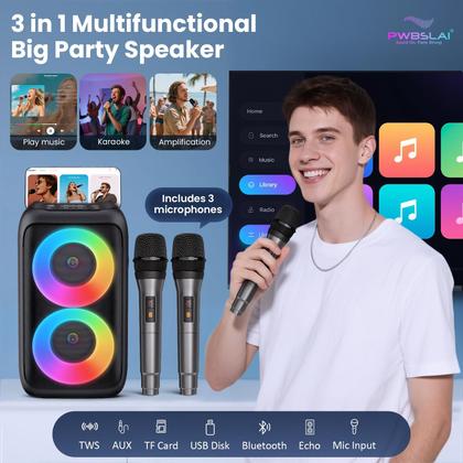 Imagem de Caixa de Som Bluetooth PWBSLAI Torre com 3 Microfones Sem Fio