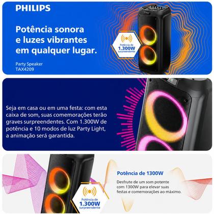 Imagem de Caixa de Som Philips Party Speaker 1300W Bluetooth LED Karaokê Bivolt Função TWS com Entradas USB, AUX