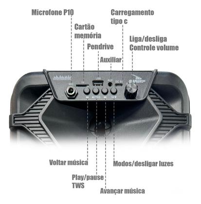 Imagem de Caixa de Som Portátil Bluetooth 15W Som Potente com Karaokê e Microfone