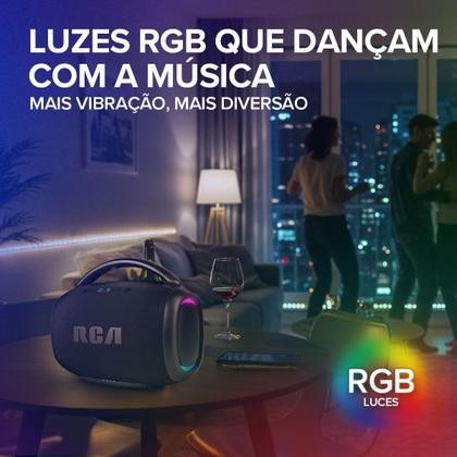 Imagem de Caixa de Som Portátil Boombox RCA Bluetooth 120W Graves Potentes IPX5 Luzes LED RGB FR213
