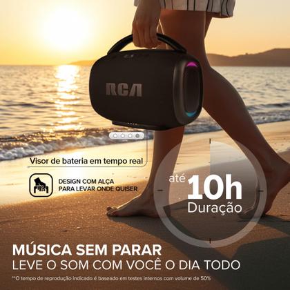 Imagem de Caixa de Som Portátil Boombox RCA Bluetooth 120W Graves Potentes IPX5 Luzes LED RGB FR213