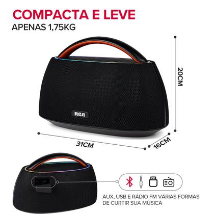 Imagem de Caixa de Som Portátil Boombox RCA Bluetooth 90W IPX5 Luzes LED RGB Potente Design Minimalista Elegante FR316