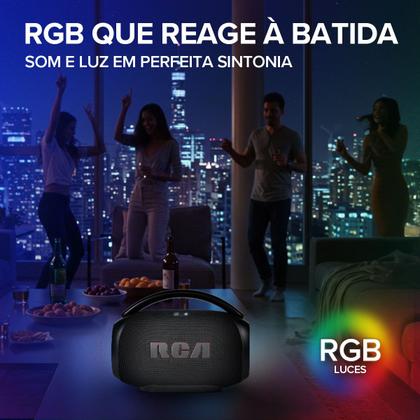 Imagem de Caixa de Som Portátil Boombox RCA Bluetooth 90W IPX5 Luzes LED RGB Potente FR213 Mini