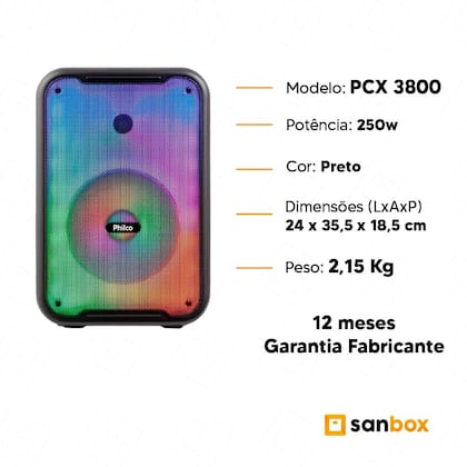 Imagem de Caixa de Som Portatil Philco PCX3800 Flash Lights Amplificada - 250w