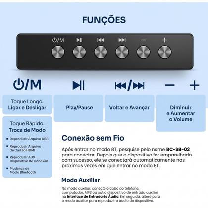 Imagem de Caixa De Som Sound Bar Home Theater Bluetooth Para Tv Cinema 80w Cor Preto Boyu Cell