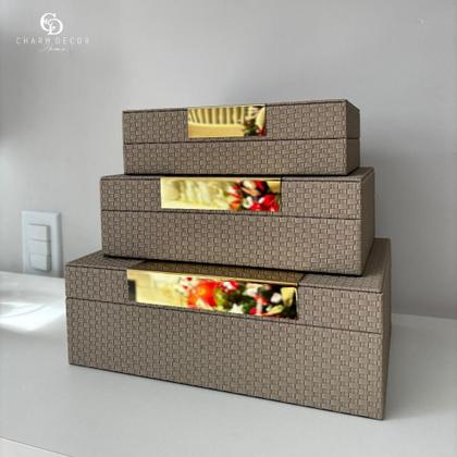 Imagem de Caixa Decorativa em MDF Com Revestimento Fendi em Pu e Metal Dourado 14x23x6,5cm 