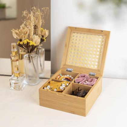 Imagem de Caixa Decorativa Palha Indiana e Bambu 4 Nichos