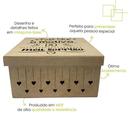 Imagem de Caixa Em Mdf Chuva De Corações Presente Surpresa Namorados 20x20x8 Você é o Motivo do Meu Sorriso