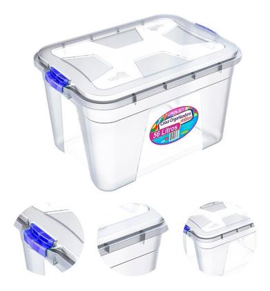 Imagem de Caixa Organizadora 56L Transparente Empilhável Multiuso Casa Garagem Objeto Brinquedo Roupa de Cama Mudança Reforma Organização Apagão