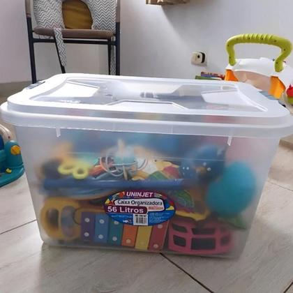 Imagem de Caixa Organizadora 56L Transparente Empilhável Multiuso Casa Garagem Objeto Brinquedo Roupa de Cama Mudança Reforma Organização Apagão