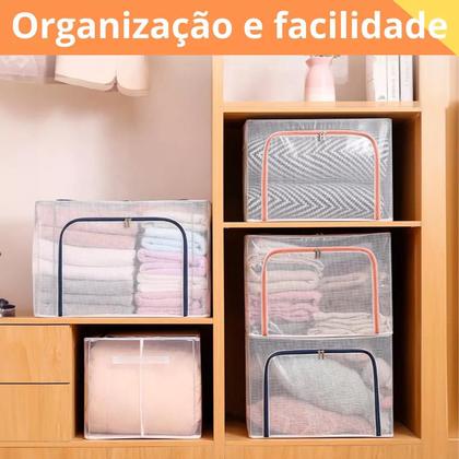 Imagem de Caixa Organizadora Dobrável 66L com Tampa e Zíper Ideal Armazenar Roupas Edredons Toalhas e Closet Guarda Roupa Com Alça