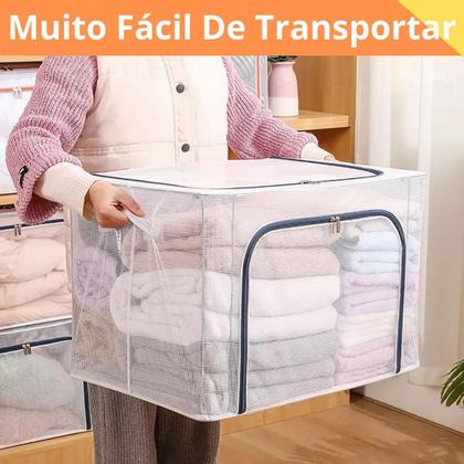 Imagem de Caixa Organizadora Dobrável 66L com Tampa e Zíper Ideal Armazenar Roupas Edredons Toalhas e Closet Guarda Roupa Com Alça